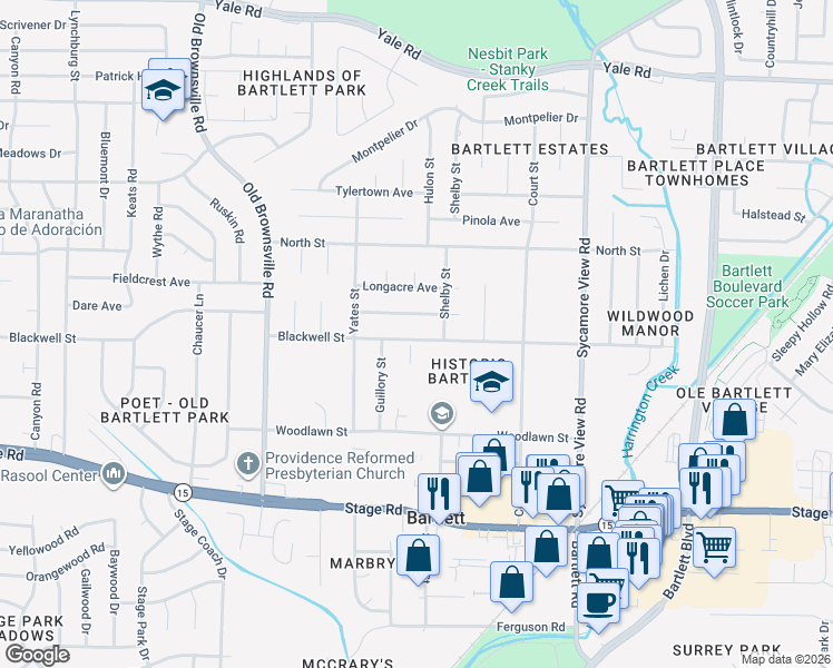 map of restaurants, bars, coffee shops, grocery stores, and more near 5674 Fieldcrest Avenue in Bartlett