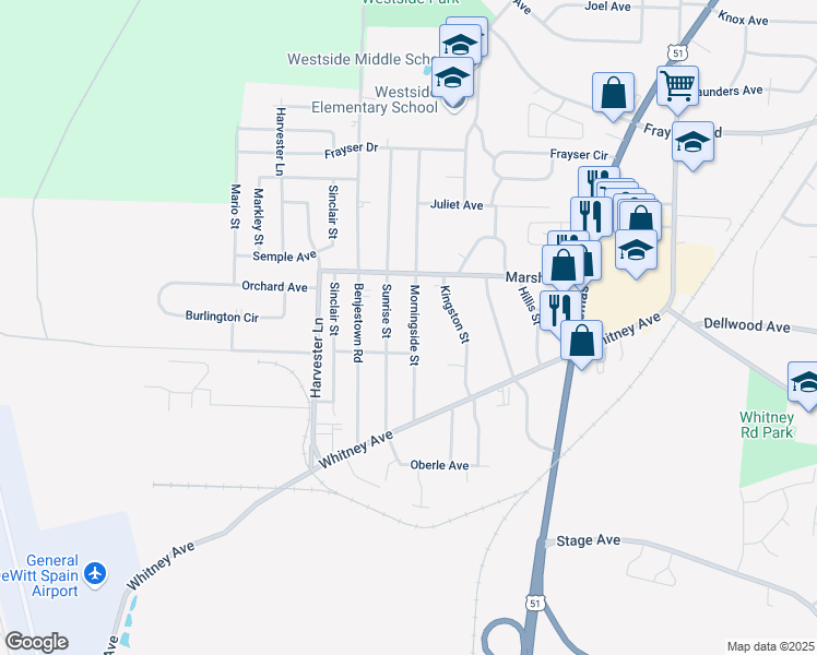 map of restaurants, bars, coffee shops, grocery stores, and more near 3105 Morningside Street in Memphis