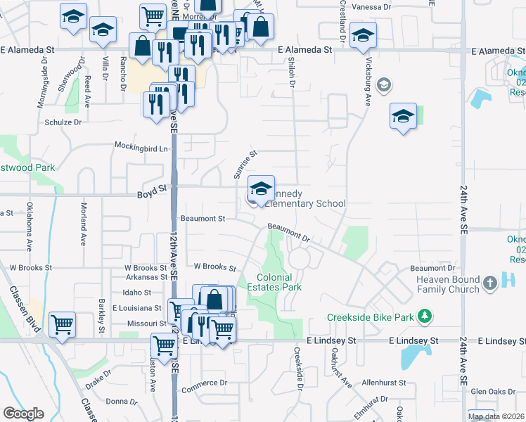 map of restaurants, bars, coffee shops, grocery stores, and more near 621 Sunrise Street in Norman