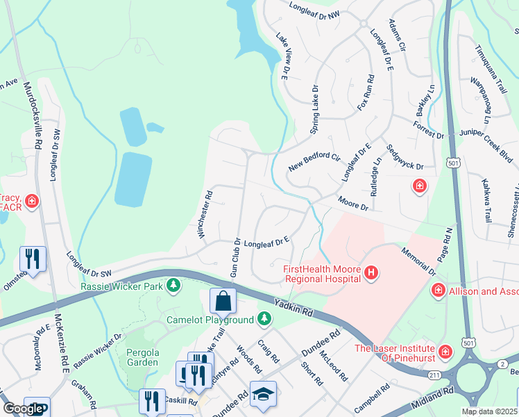 map of restaurants, bars, coffee shops, grocery stores, and more near 280 Wheeling Drive in Pinehurst