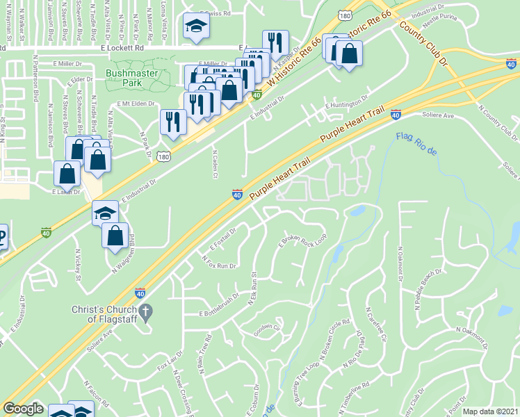 map of restaurants, bars, coffee shops, grocery stores, and more near 4060 East Village Circle in Flagstaff
