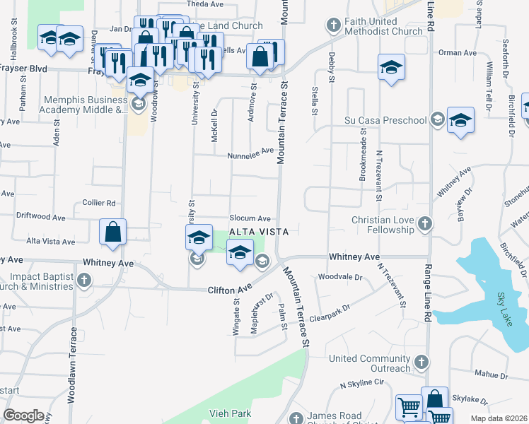 map of restaurants, bars, coffee shops, grocery stores, and more near 2338 Slocum Avenue in Memphis
