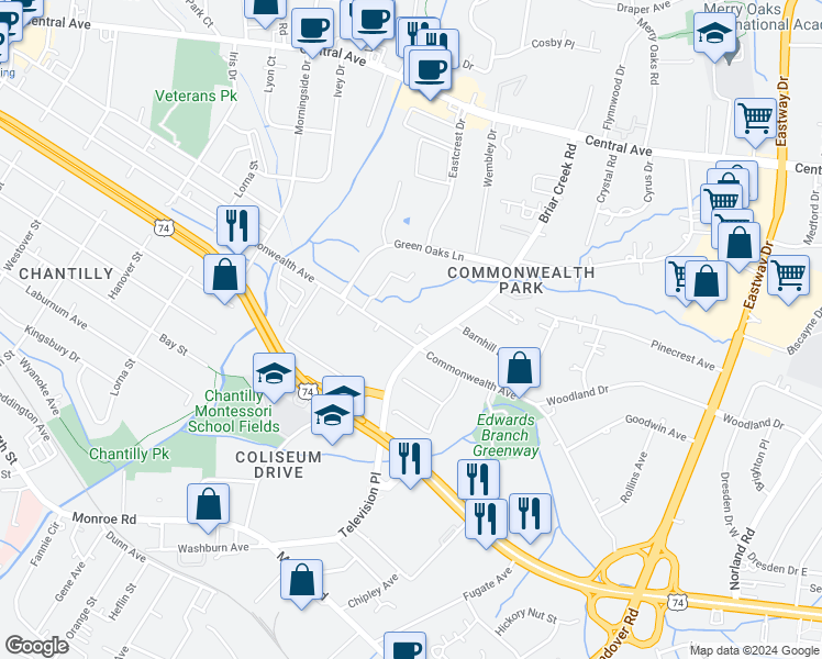 map of restaurants, bars, coffee shops, grocery stores, and more near 3006 Uxbridge Woods Court in Charlotte