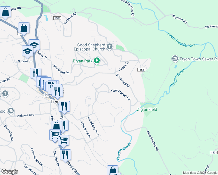 map of restaurants, bars, coffee shops, grocery stores, and more near 231 Woodland Road in Tryon