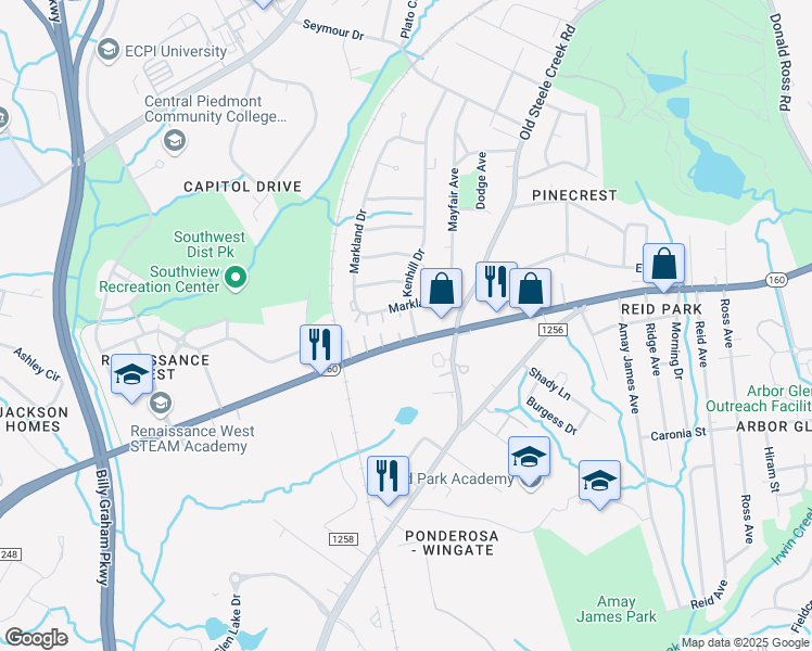 map of restaurants, bars, coffee shops, grocery stores, and more near 3016 Kenhill Drive in Charlotte