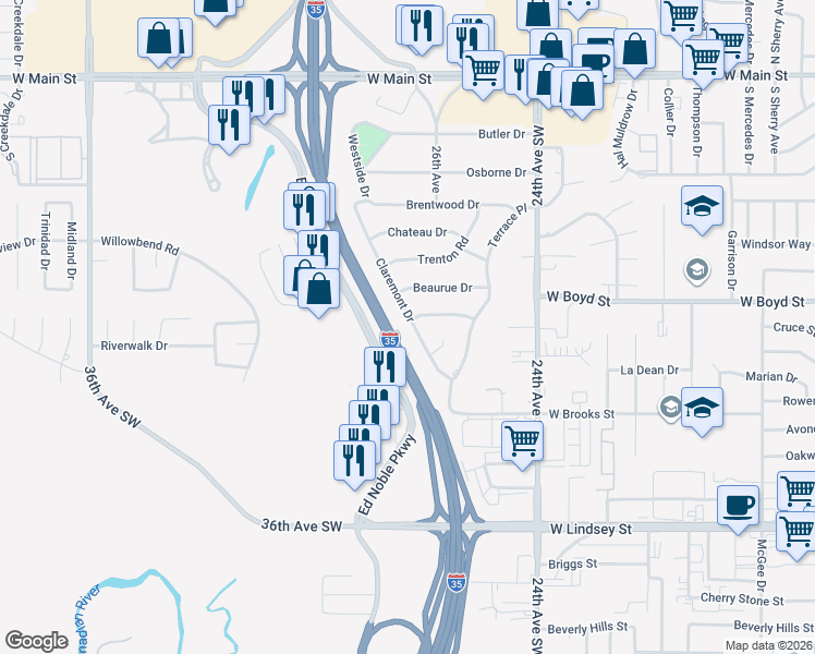 map of restaurants, bars, coffee shops, grocery stores, and more near 608 Claremont Drive in Norman