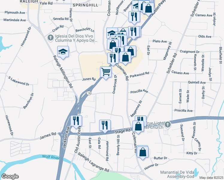 map of restaurants, bars, coffee shops, grocery stores, and more near 3105 Overbrook Drive in Memphis