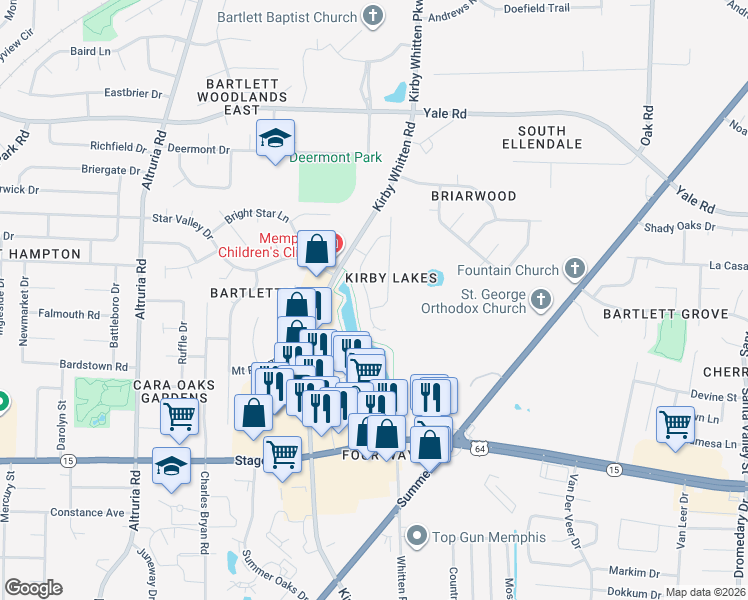 map of restaurants, bars, coffee shops, grocery stores, and more near 3134 Valley Lake Drive in Bartlett
