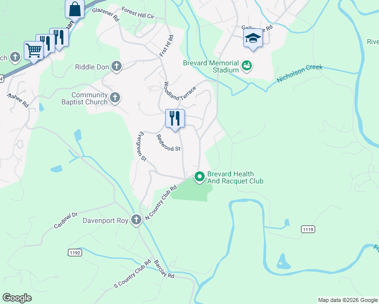 map of restaurants, bars, coffee shops, grocery stores, and more near 195 Meadowbrook Cir in Brevard