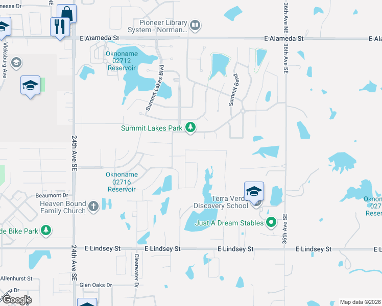 map of restaurants, bars, coffee shops, grocery stores, and more near 613 Summit Hollow Drive in Norman