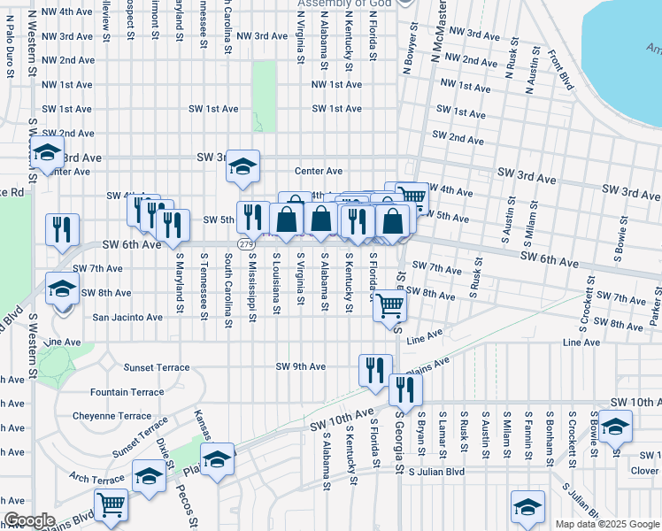 map of restaurants, bars, coffee shops, grocery stores, and more near 2917 6th Avenue in Amarillo