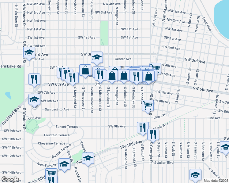 map of restaurants, bars, coffee shops, grocery stores, and more near 3019 Southwest 6th Avenue in Amarillo