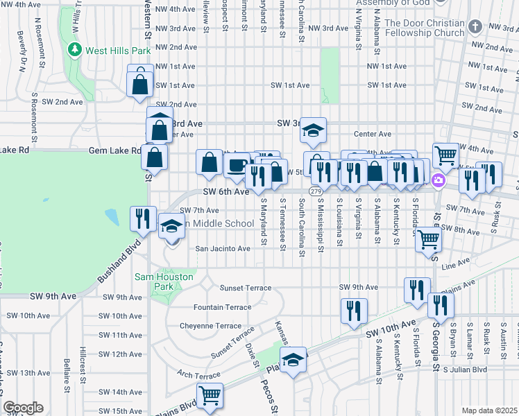 map of restaurants, bars, coffee shops, grocery stores, and more near 600 South Maryland Street in Amarillo