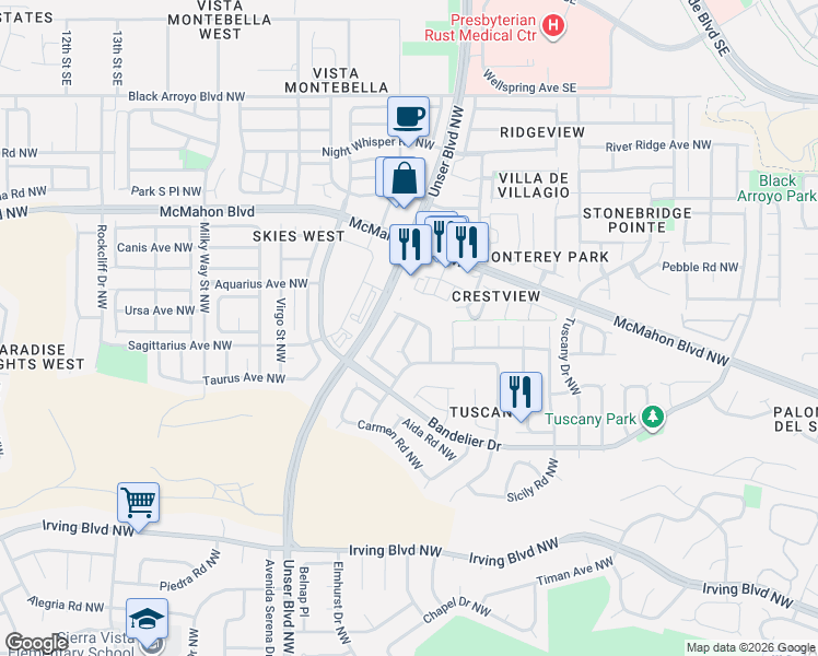 map of restaurants, bars, coffee shops, grocery stores, and more near 6215 Contess Road Northwest in Albuquerque