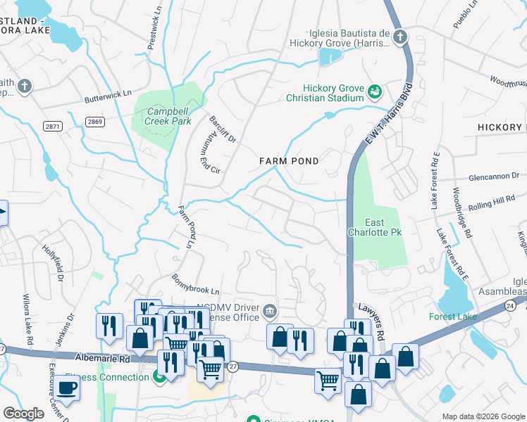 map of restaurants, bars, coffee shops, grocery stores, and more near 5633 Wallace Cabin Drive in Charlotte