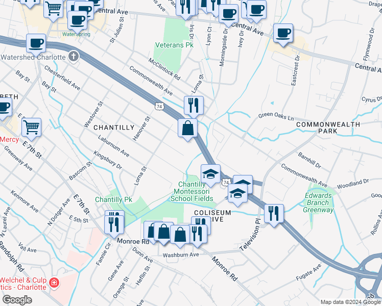 map of restaurants, bars, coffee shops, grocery stores, and more near 2672 Shenandoah Avenue in Charlotte