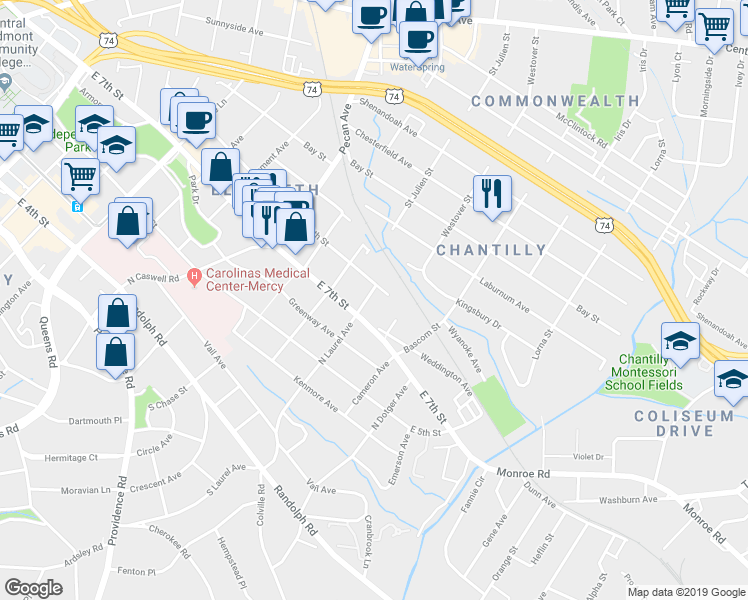 map of restaurants, bars, coffee shops, grocery stores, and more near 2220 East 8th Street in Charlotte