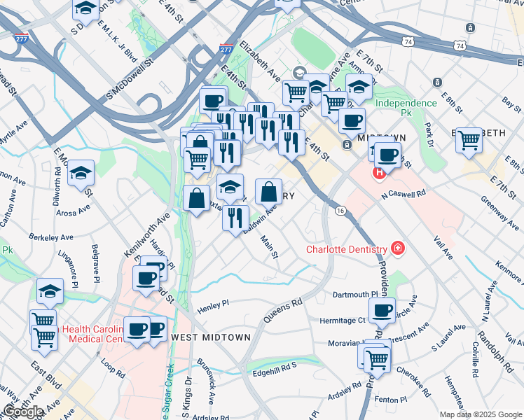 map of restaurants, bars, coffee shops, grocery stores, and more near 1519 Luther Street in Charlotte