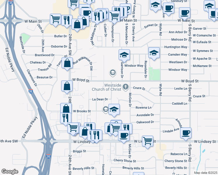 map of restaurants, bars, coffee shops, grocery stores, and more near 2040 West Boyd Street in Norman