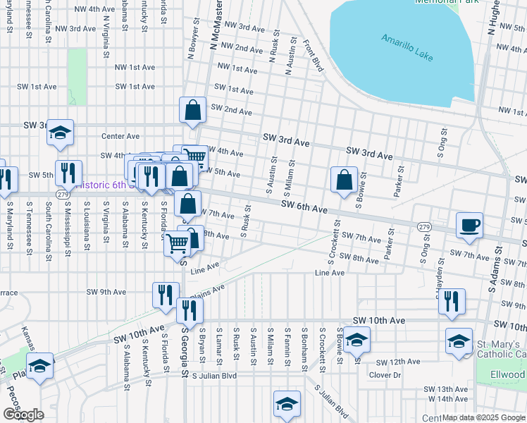 map of restaurants, bars, coffee shops, grocery stores, and more near 2201 6th Avenue in Amarillo