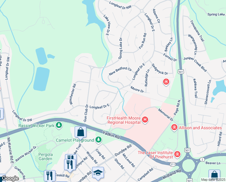 map of restaurants, bars, coffee shops, grocery stores, and more near 340 Wheeling Drive in Pinehurst