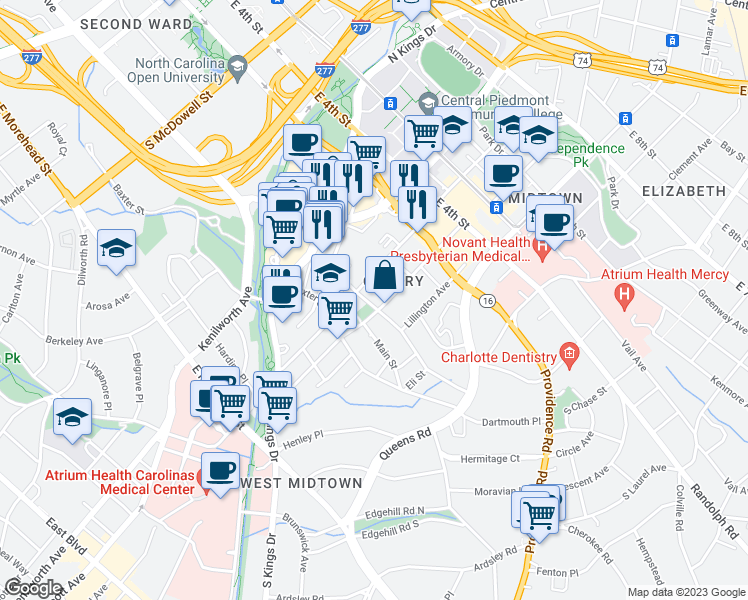 map of restaurants, bars, coffee shops, grocery stores, and more near 1519 Luther Street in Charlotte