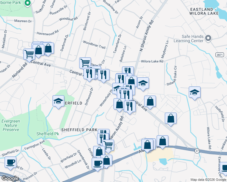 map of restaurants, bars, coffee shops, grocery stores, and more near 5023 Central Avenue in Charlotte