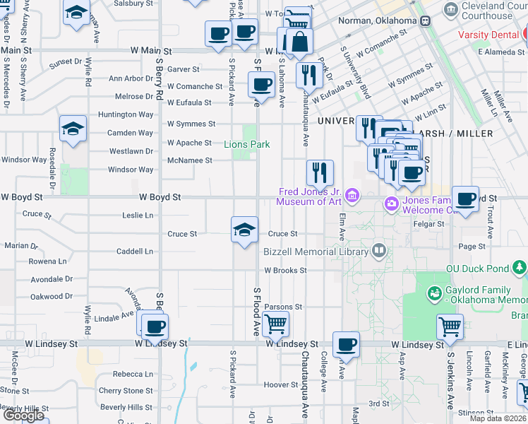 map of restaurants, bars, coffee shops, grocery stores, and more near 608 South Lahoma Avenue in Norman