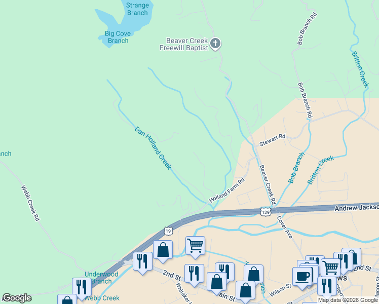 map of restaurants, bars, coffee shops, grocery stores, and more near 340 Dan Holland Road in Andrews