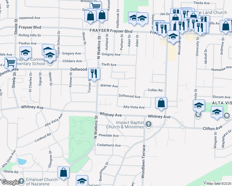 map of restaurants, bars, coffee shops, grocery stores, and more near 1871 Warner Avenue in Memphis