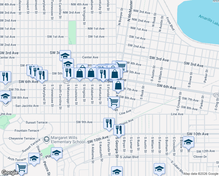 map of restaurants, bars, coffee shops, grocery stores, and more near 2811 Southwest 6th Avenue in Amarillo