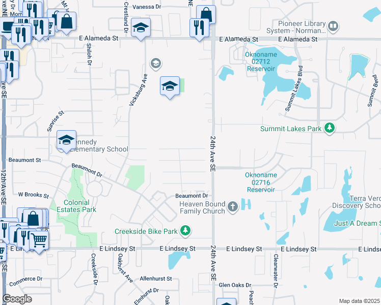 map of restaurants, bars, coffee shops, grocery stores, and more near 2212 Lafayette Drive in Norman