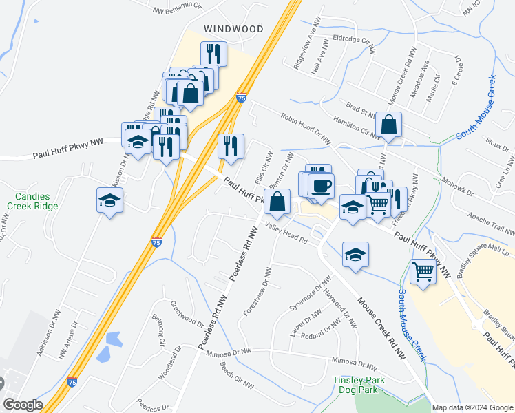 map of restaurants, bars, coffee shops, grocery stores, and more near 1120 Valley Head Road in Cleveland