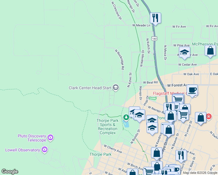 map of restaurants, bars, coffee shops, grocery stores, and more near 990 North Thorpe Road in Flagstaff