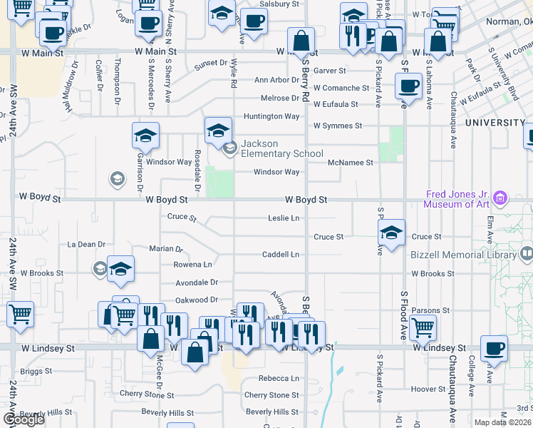 map of restaurants, bars, coffee shops, grocery stores, and more near 1310 West Boyd Street in Norman