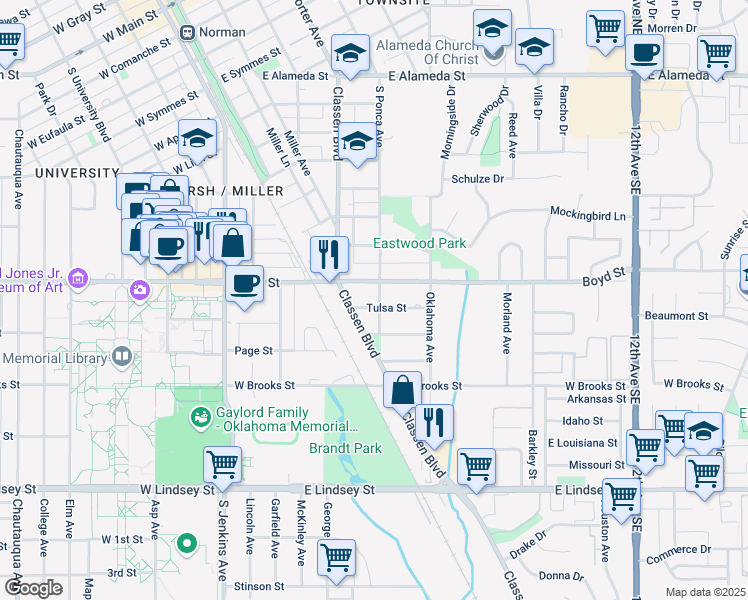 map of restaurants, bars, coffee shops, grocery stores, and more near 535 Tulsa Street in Norman