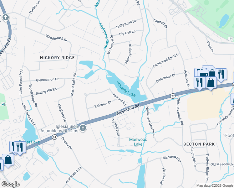 map of restaurants, bars, coffee shops, grocery stores, and more near 5912 Almond Road in Charlotte
