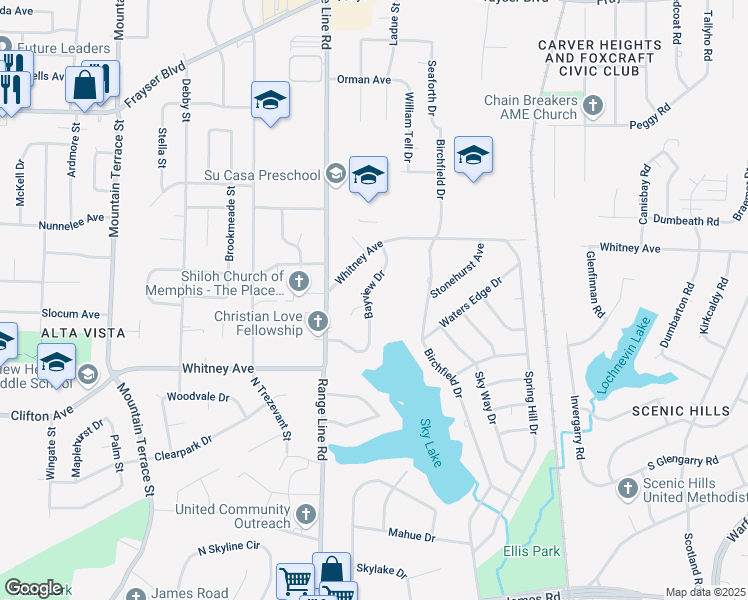 map of restaurants, bars, coffee shops, grocery stores, and more near 3144 Bayview Drive in Memphis