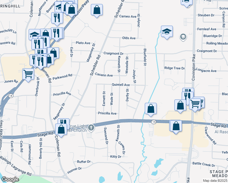 map of restaurants, bars, coffee shops, grocery stores, and more near 4735 Quintell Avenue in Memphis
