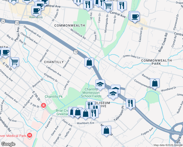 map of restaurants, bars, coffee shops, grocery stores, and more near in Charlotte