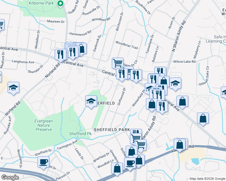 map of restaurants, bars, coffee shops, grocery stores, and more near in Charlotte