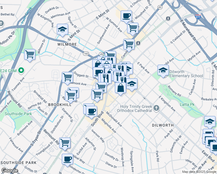 map of restaurants, bars, coffee shops, grocery stores, and more near in Charlotte