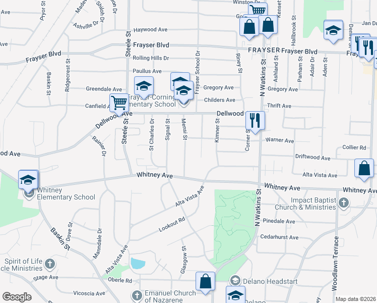 map of restaurants, bars, coffee shops, grocery stores, and more near 3123 Mensi Street in Memphis