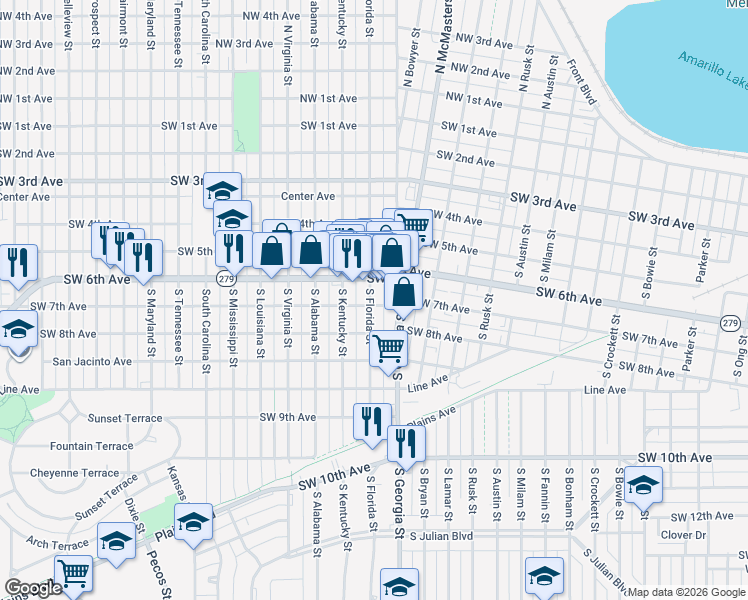 map of restaurants, bars, coffee shops, grocery stores, and more near 2811 Southwest 6th Avenue in Amarillo