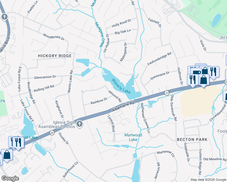 map of restaurants, bars, coffee shops, grocery stores, and more near 5912 Almond Road in Charlotte