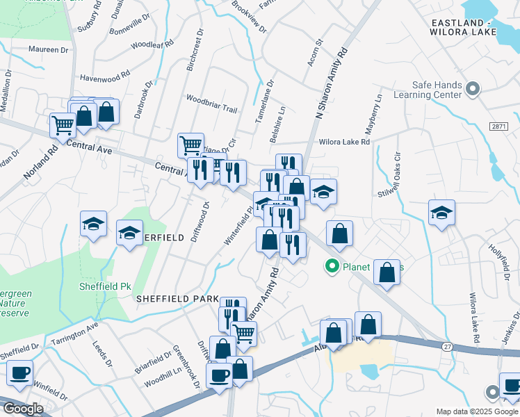 map of restaurants, bars, coffee shops, grocery stores, and more near 5023 Central Avenue in Charlotte