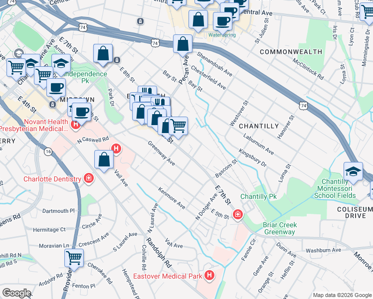 map of restaurants, bars, coffee shops, grocery stores, and more near in Charlotte