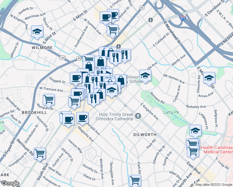 map of restaurants, bars, coffee shops, grocery stores, and more near 301 East Boulevard in Charlotte