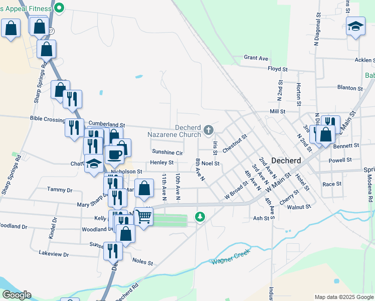 map of restaurants, bars, coffee shops, grocery stores, and more near 53 Sunshine Circle in Decherd