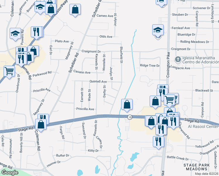 map of restaurants, bars, coffee shops, grocery stores, and more near 4825 Quintell Avenue in Memphis
